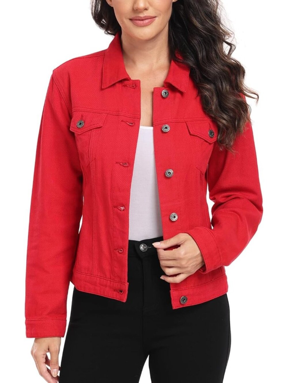 〽️Women's Red Denim Jacket Classic Button Up Long Sleeve Jean Coat